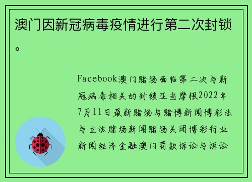 澳门因新冠病毒疫情进行第二次封锁。